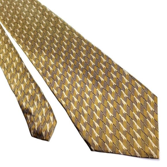 DKNY Silk Tie Brown‎ Yellow Print Short Wide Floral Geometric - Picture 1 of 6